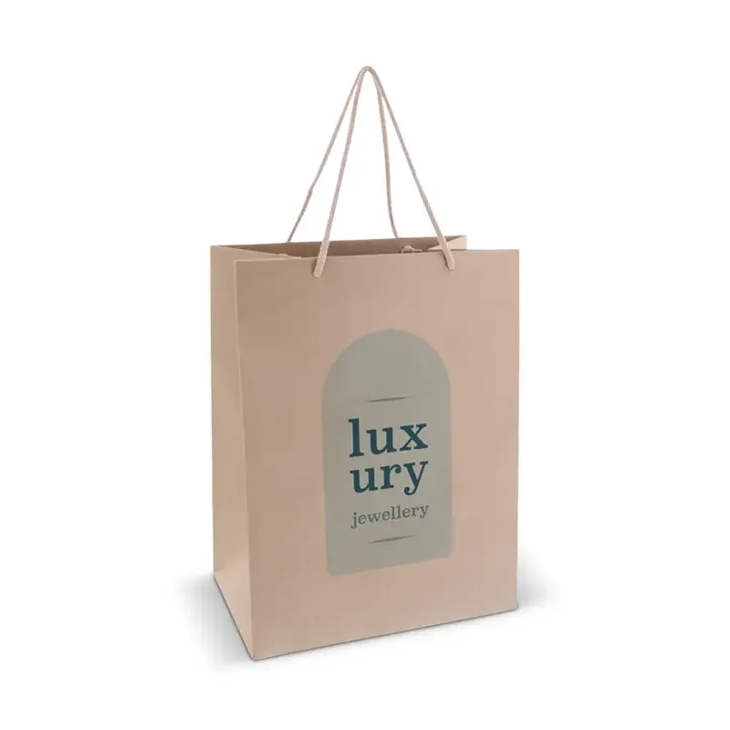 Express papieren draagtas in naturel kleur met koordhandvat en opdruk ‘Luxury Jewellery